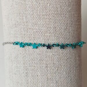 Teal Metallic Star Charm Bracelet Silver Tone Chain Adjustable Celestial Y2K